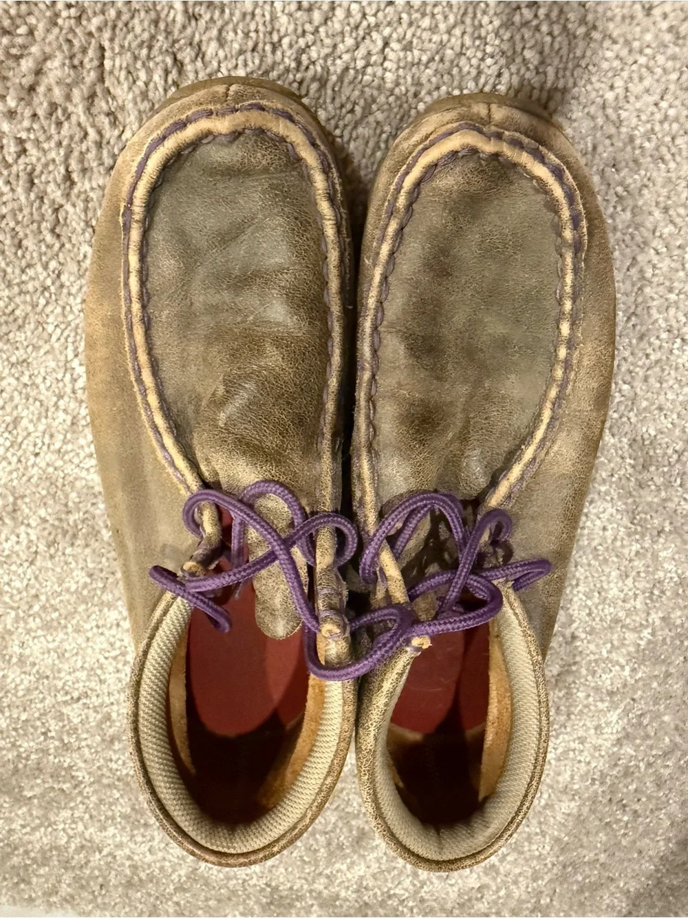 Twisted X Tan Suede Kids Moccasin Shoes with Purple Laces